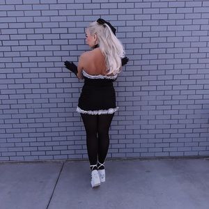 Black ruffle mini dress with gloves